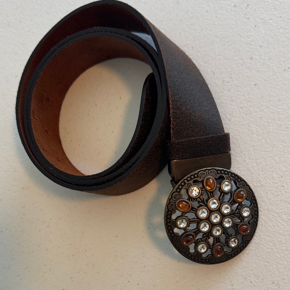 Brown Leather Belt with Embellished Buckle